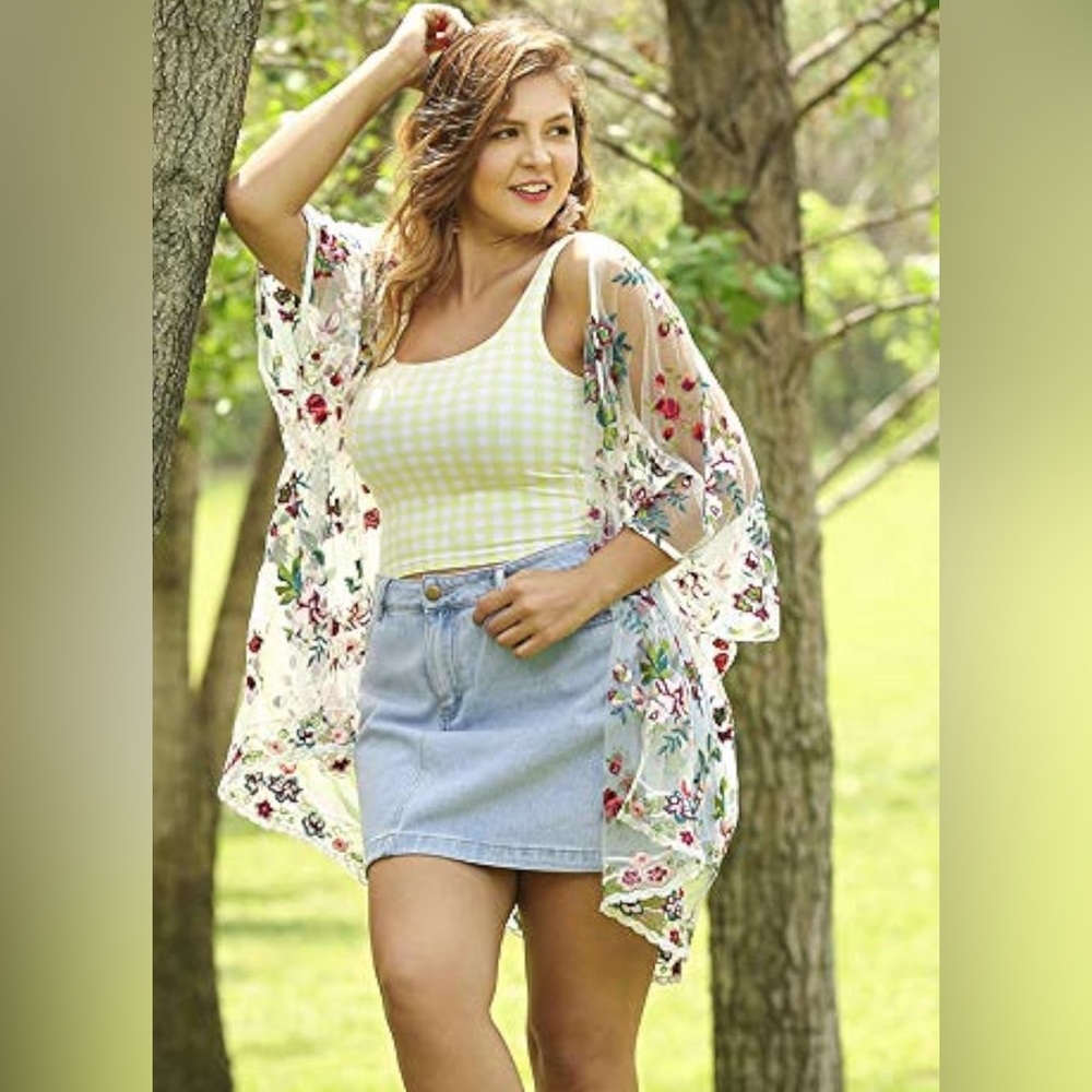 Embroidered Floral Lace Kimono by Umgee Sheer  White Boho New Read - Small To XL